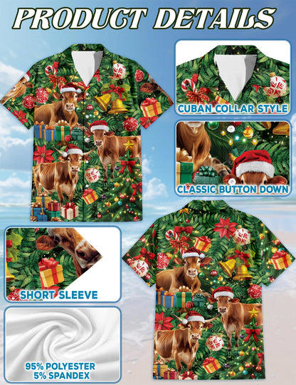 Netecom Christmas Cow Hawaiian Shirt for Men, Santa Hat Farm Animal Holiday Button Down Summer Beach Short Sleeve Shirt, S-5XL