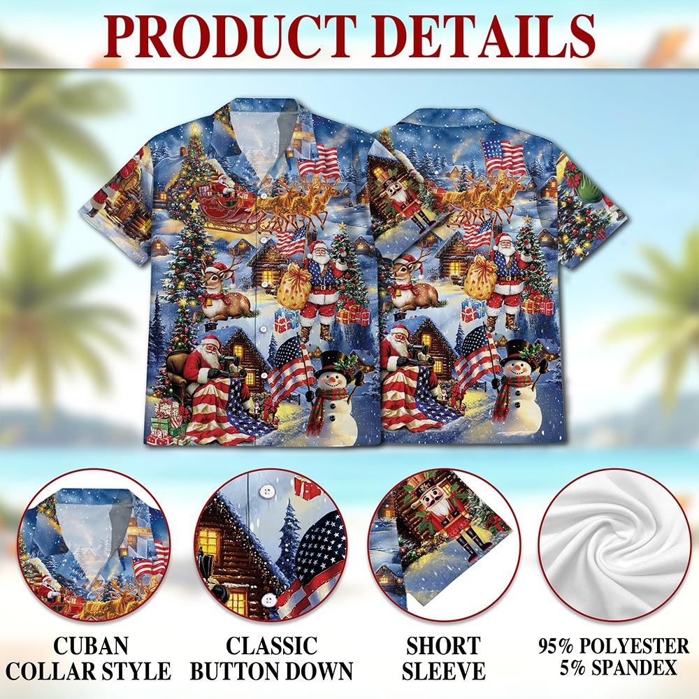 Netecom Patriotic Santa Claus Christmas Hawaiian Shirt for Men, USA Flag Holiday Print Button Down Summer Beach Shirt, S-5XL