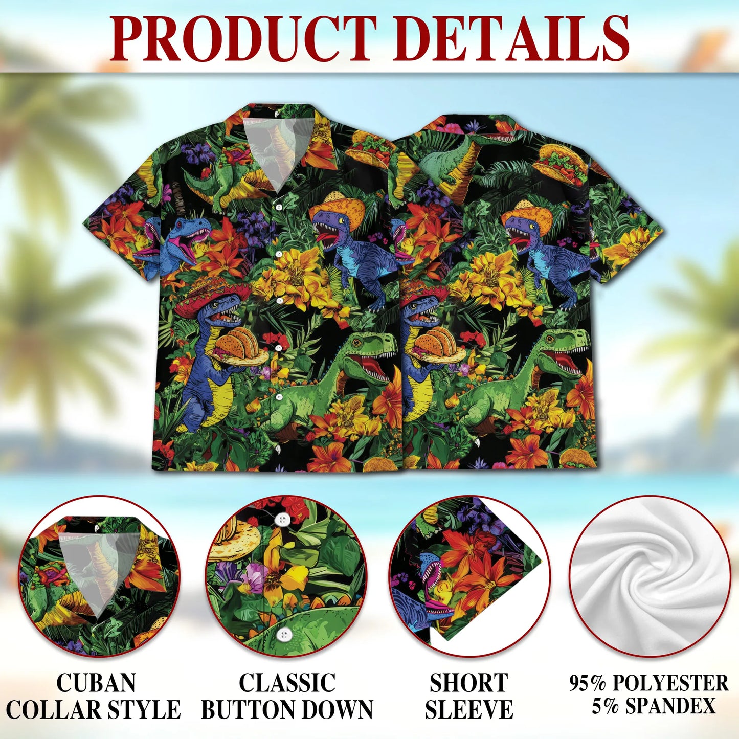 Fun Taco Dinosaur T Rex Flower Print Hawaii Dog and Owner Matching Button Shirts