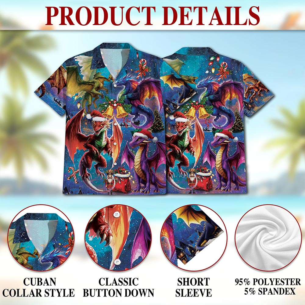 Netecom Christmas Dragon Hawaiian Shirt, Fantasy Holiday Fire Dragon Button Down Summer Beach Short Sleeve Shirt, S-5XL