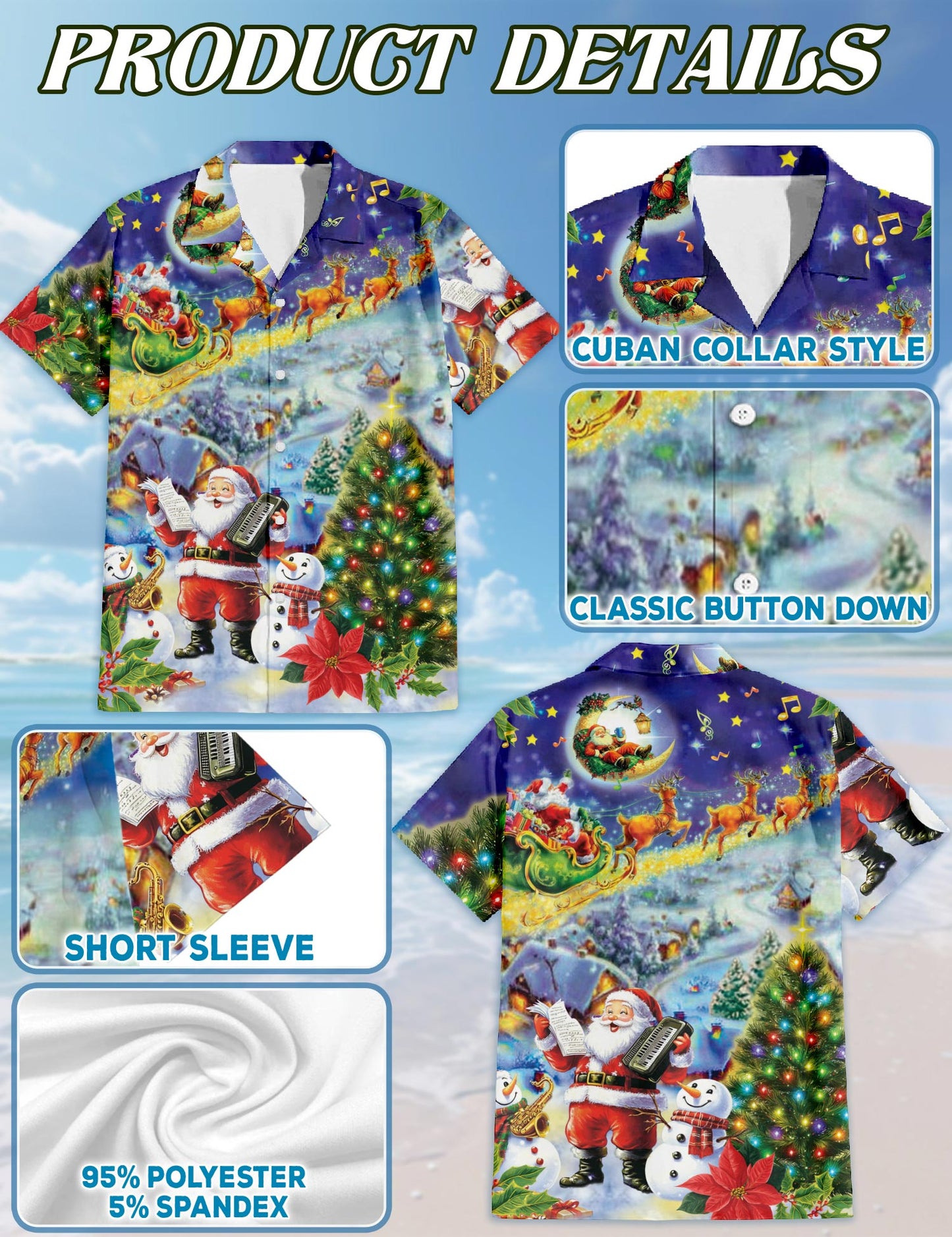 Netecom Santa Claus and Snowman Hawaiian Shirt for Men, Festive Christmas Music Tree Button DownShirt, S-5XL