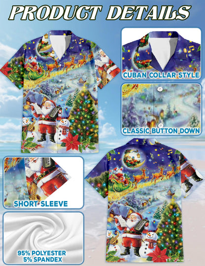 Netecom Santa Claus and Snowman Hawaiian Shirt for Men, Festive Christmas Music Tree Button DownShirt, S-5XL