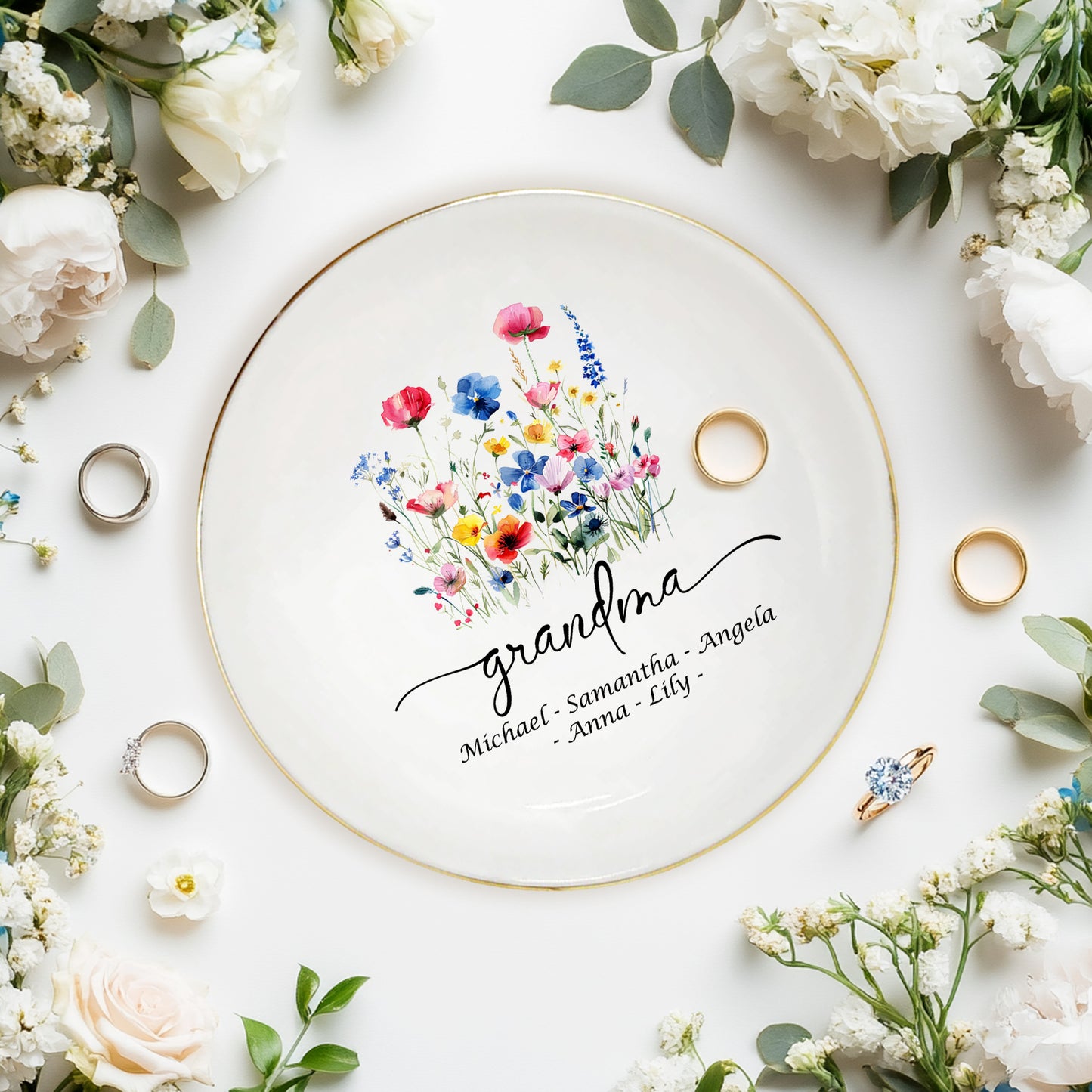 Netecom Personalized Ceramic Jewelry Tray with Custom Title & Names , Unique Grandma’s Garden Ring Dish , Mother’s Day or Christmas Gift