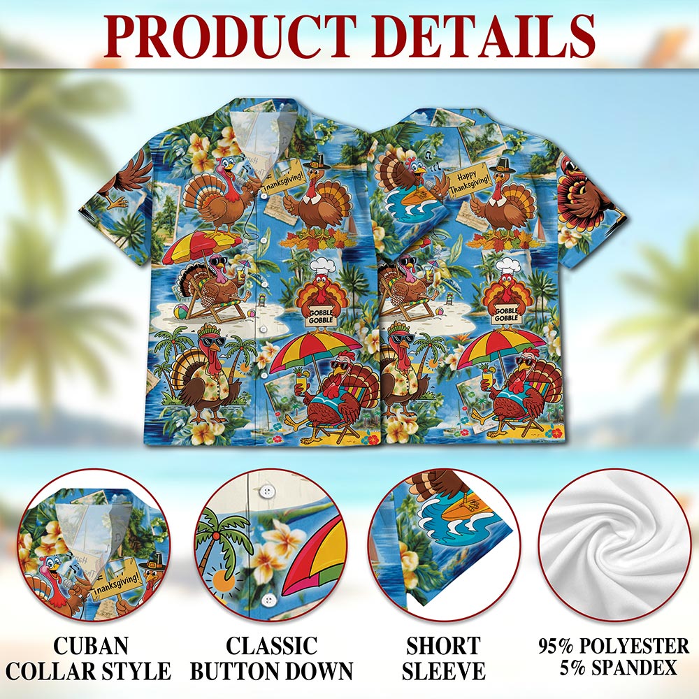 Netecom Turkey Happy Thanksgiving Hawaiian Shirt for Men Women, Funny Turkey Button Down Summer Beach Shirts, S-5XL