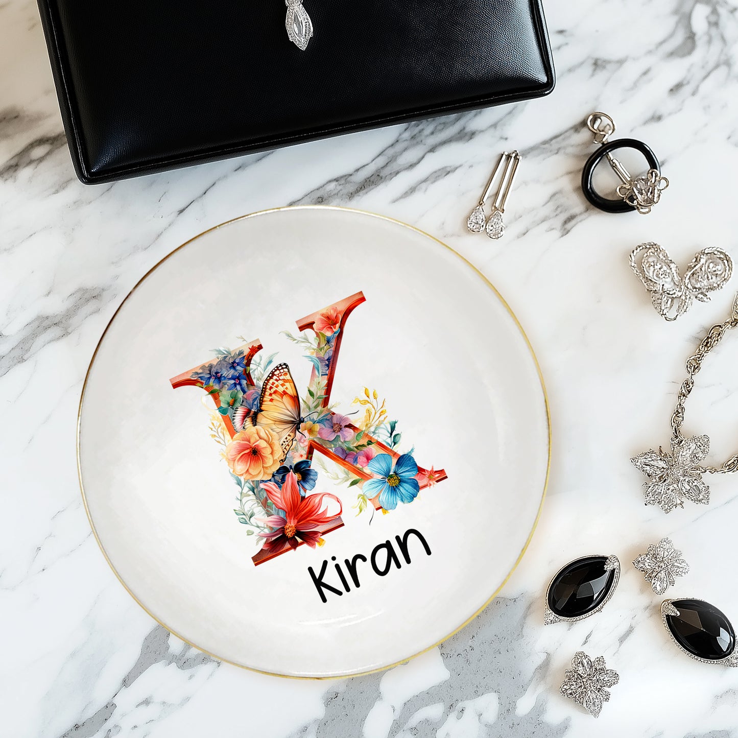 Netecom Personalized Floral Initial Jewelry Tray, Custom Ceramic Tray for Jewelry Storage or as a Gift for Special Occasions