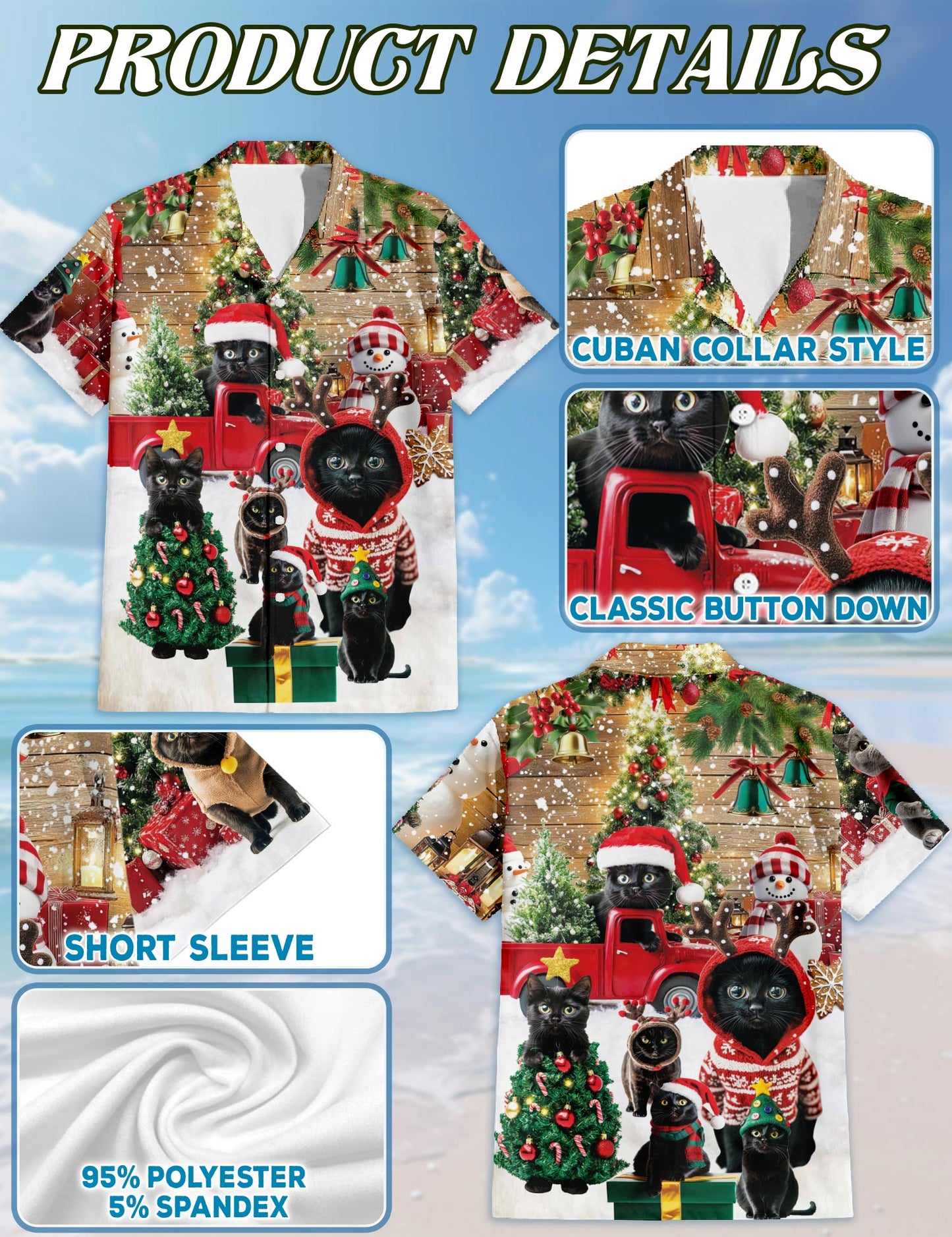 Netecom Black Cat Christmas Hawaiian Shirt for Men, Funny Holiday Kitten in Santa Hat Button Down Shirt, S-5XL