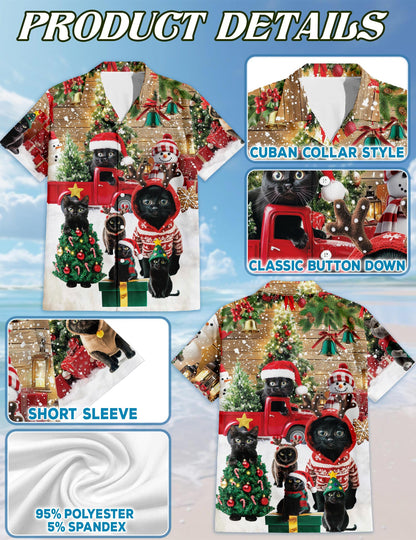 Netecom Black Cat Christmas Hawaiian Shirt for Men, Funny Holiday Kitten in Santa Hat Button Down Shirt, S-5XL