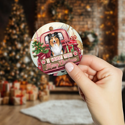 Netecom Funny Shetland Sheepdog in Red Truck Ornament, I Woof You Merry Christmas Ceramic Ornament for Christmas Tree Hanging Decorations Gift, Dog Lover Gifts, Holiday Party Present