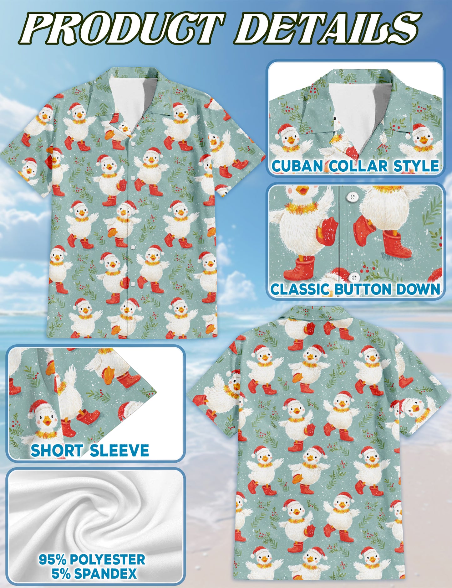 Netecom Snowy Christmas Duck Hawaiian Shirt for Men, Cute Duck Winter Print Button Down Short Sleeve Shirt