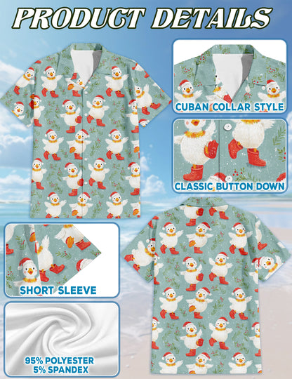Netecom Snowy Christmas Duck Hawaiian Shirt for Men, Cute Duck Winter Print Button Down Short Sleeve Shirt