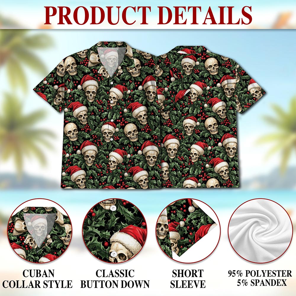 Netecom Skull Santa Hat Christmas Hawaiian Shirt for Men, Gothic Holiday Button Down Summer Beach Short Sleeve Shirts, S-5XL