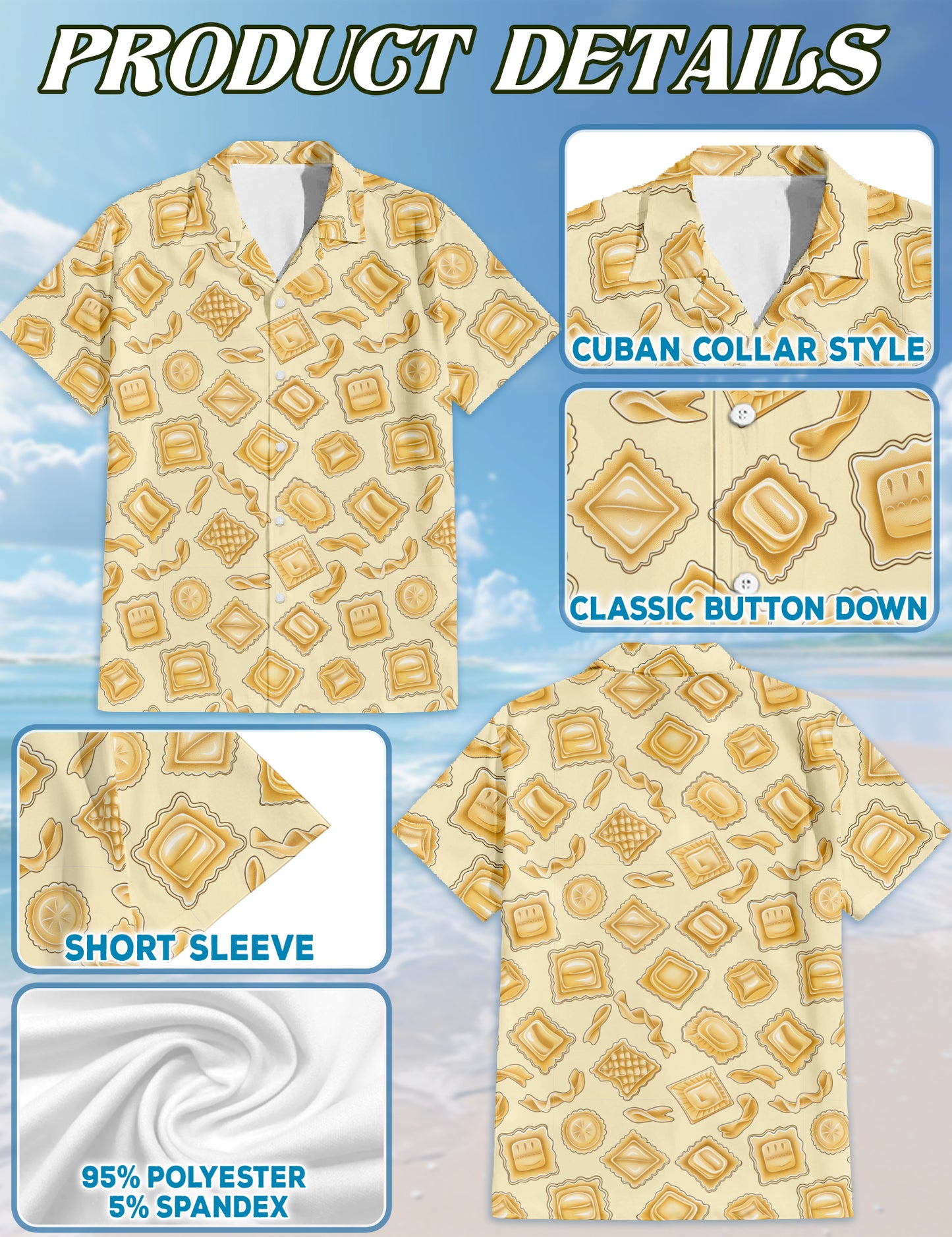 Netecom Vintage Italian Pasta Hawaiian Shirt for Men, Funny Foodie Pattern Aloha Button Down Short Sleeve Summer Shirt