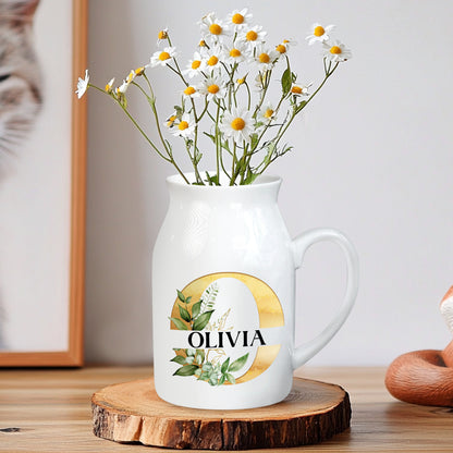 Netecom Personalized Ceramic Jug Vase with Gold Floral Initial and Name, Elegant Home Decor Pitcher, Perfect Gift for Christmas, Weddings, or Mother’s Day