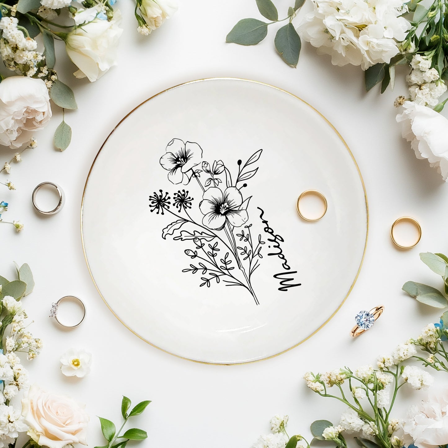 Netecom Elegant Personalized Birth Month Flower Jewelry Dish Set, Custom Name Gold Rim Ceramic Ring Tray for Bridesmaid & Mother's Day Gift