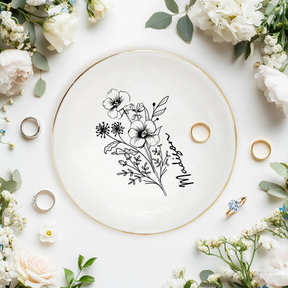 Netecom Elegant Personalized Birth Month Flower Jewelry Dish Set, Custom Name Gold Rim Ceramic Ring Tray for Bridesmaid & Mother's Day Gift