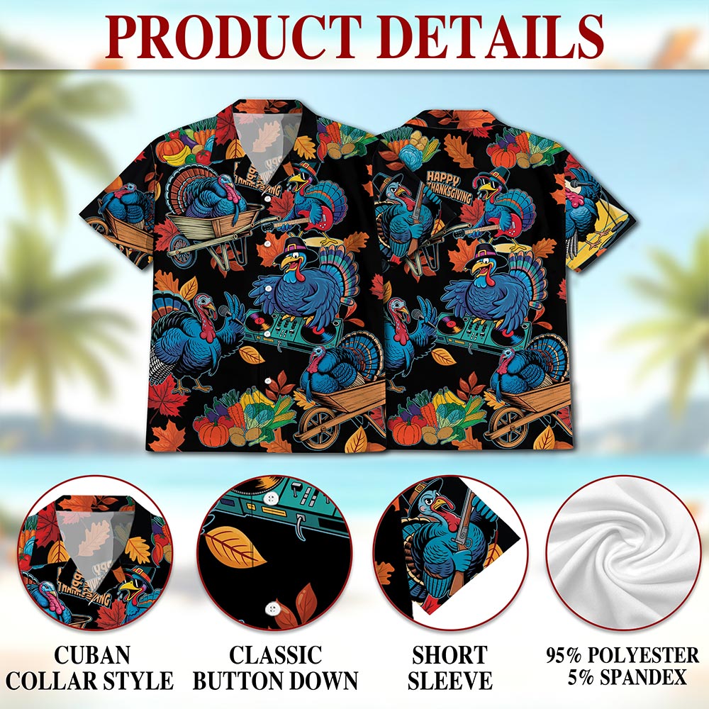 Netecom Happy Turkey Day Hawaiian Shirt for Men Women, Thanksgiving Turkey Music Button Down Summer Beach Shirts, S-5XL