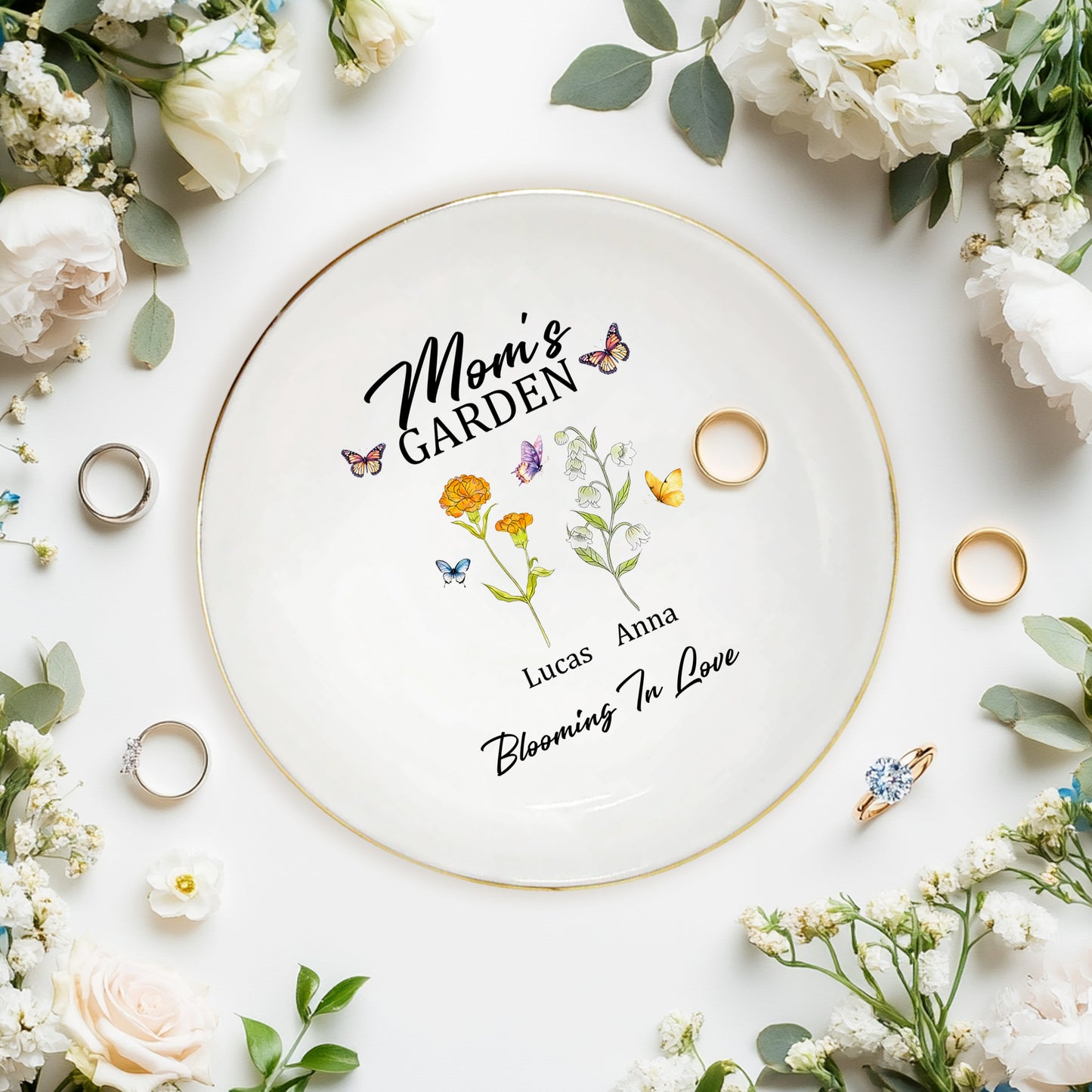 Netecom Personalized Birth Month Flower Jewelry Tray , Custom Names Ceramic Ring Dish, Elegant Grandma’s Garden Gift
