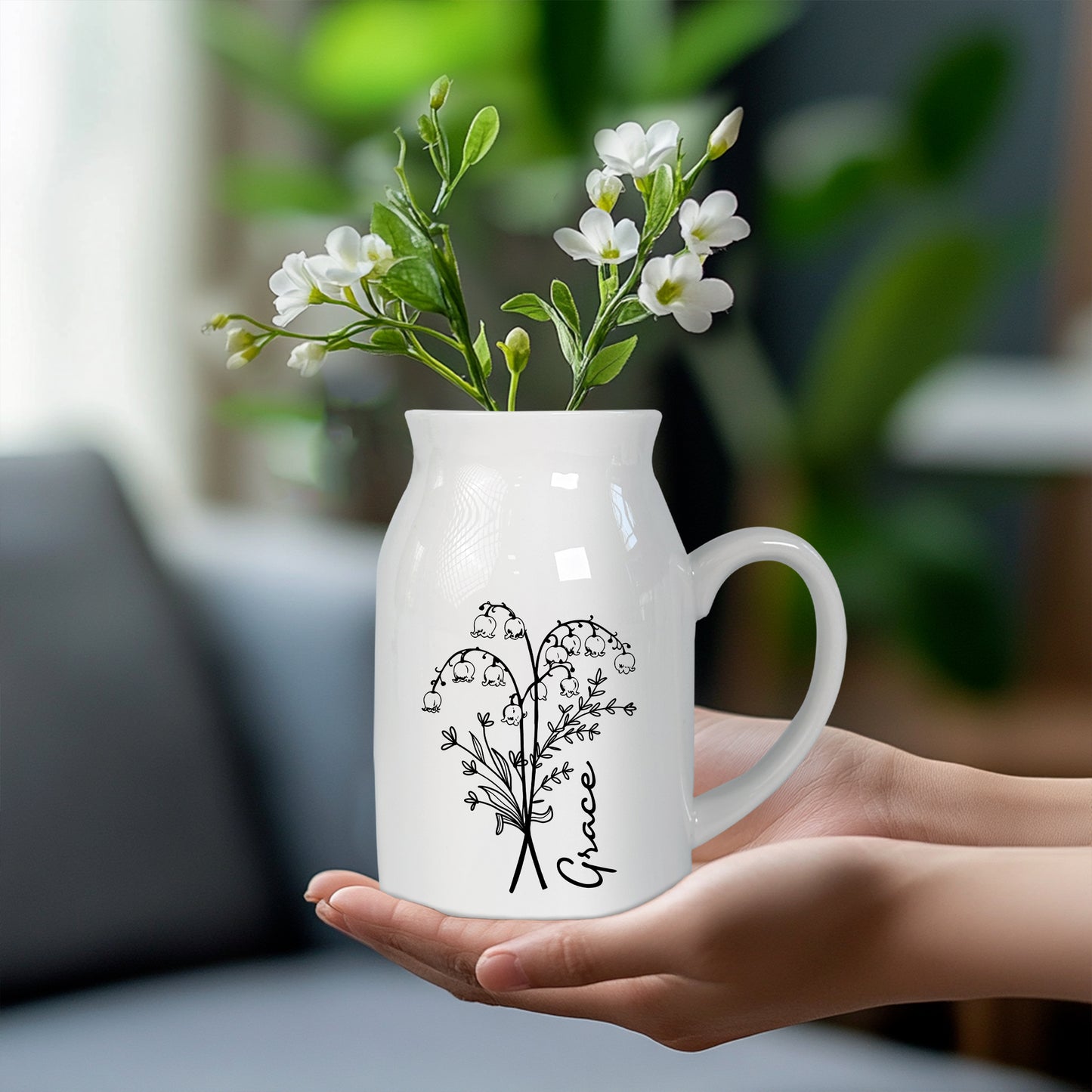 Netecom Personalized Birth Month Flower Pitcher Vase, Botanical Ceramic Jug with Custom Name, Meaningful Gift for Christmas, Mother’s Day, or Anniversary