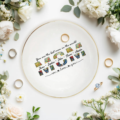 Netecom Elegant Floral "MOM" Ring Holder with Personalized Kids Names, Ideal Gift for Grandma or Mother's Day