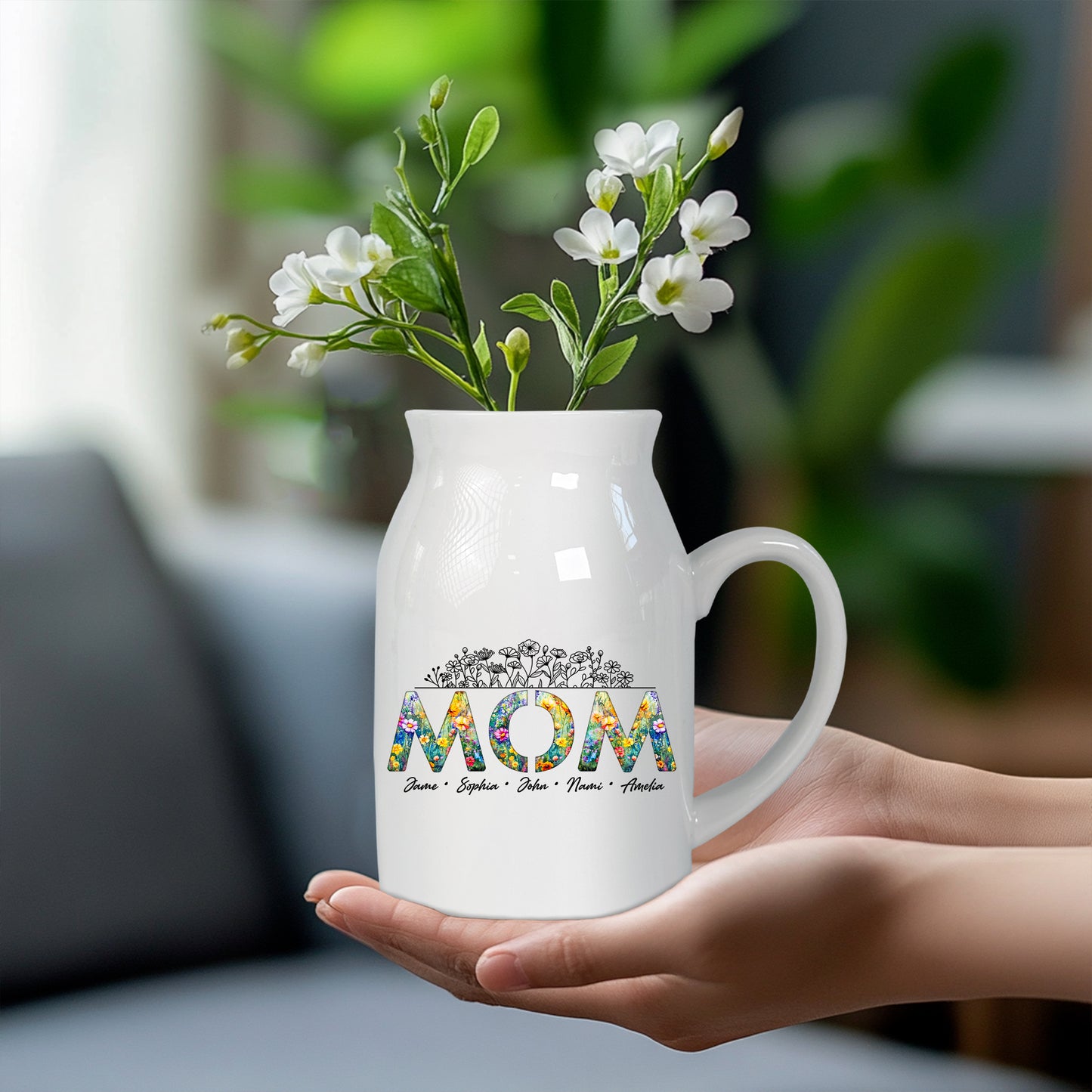 Netecom Personalized Floral "MOM" Ceramic Jug Vase with Custom Names, Unique Family Gift for Mother’s Day, Birthdays, or Holidays