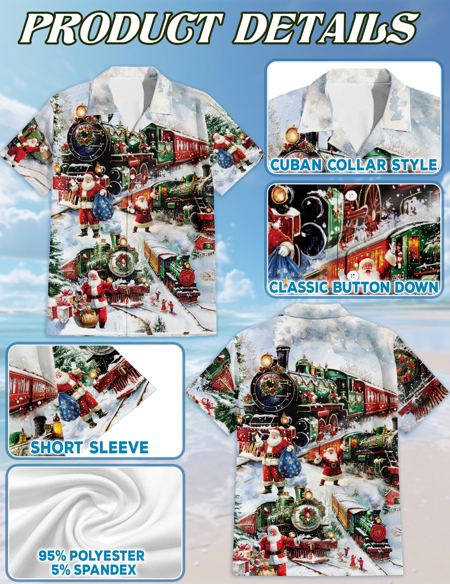 Netecom Christmas Train Hawaiian Shirt for Men, Vintage Santa Claus Winter Print Button Down Summer Beach Shirts