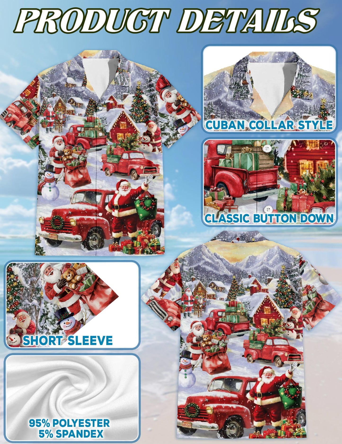 Netecom Christmas Red Truck Hawaiian Shirt for Men Women, Santa Claus Snow Button Down Beach Short Sleeve Shirts, S-5XL
