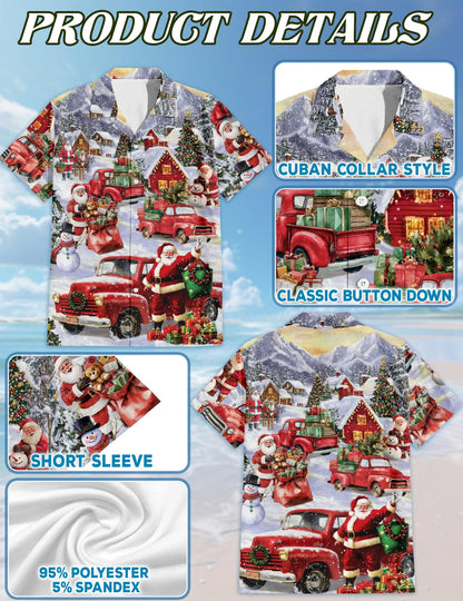 Netecom Christmas Red Truck Hawaiian Shirt for Men Women, Santa Claus Snow Button Down Beach Short Sleeve Shirts, S-5XL