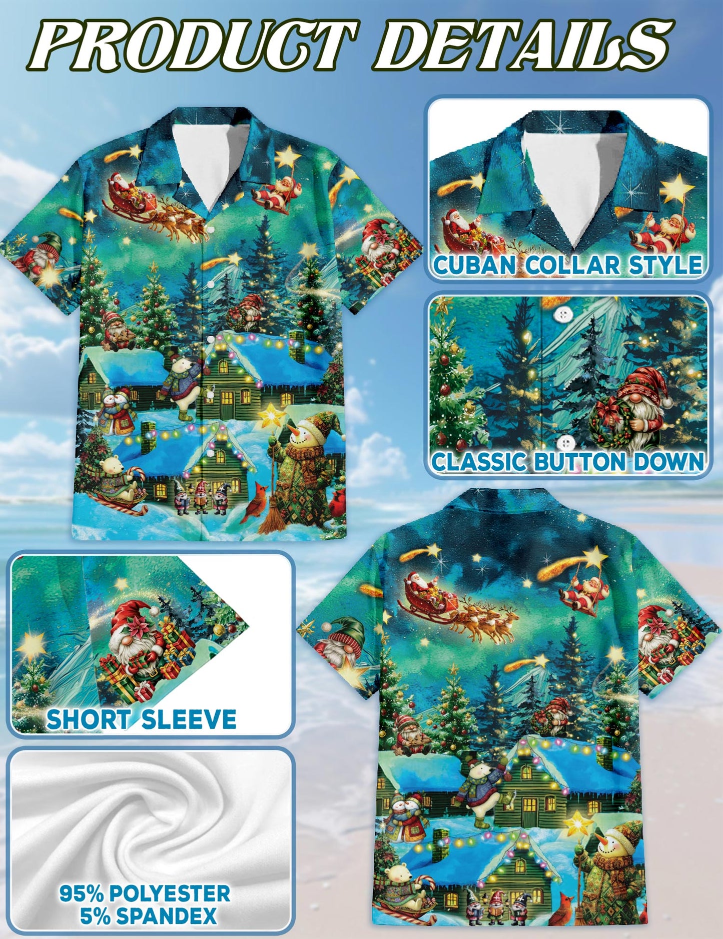 Netecom Magical Christmas Night Scene Hawaiian Shirt, Whimsical Santa Snowman Holiday Button Down Summer Beach Shirts, S-5XL