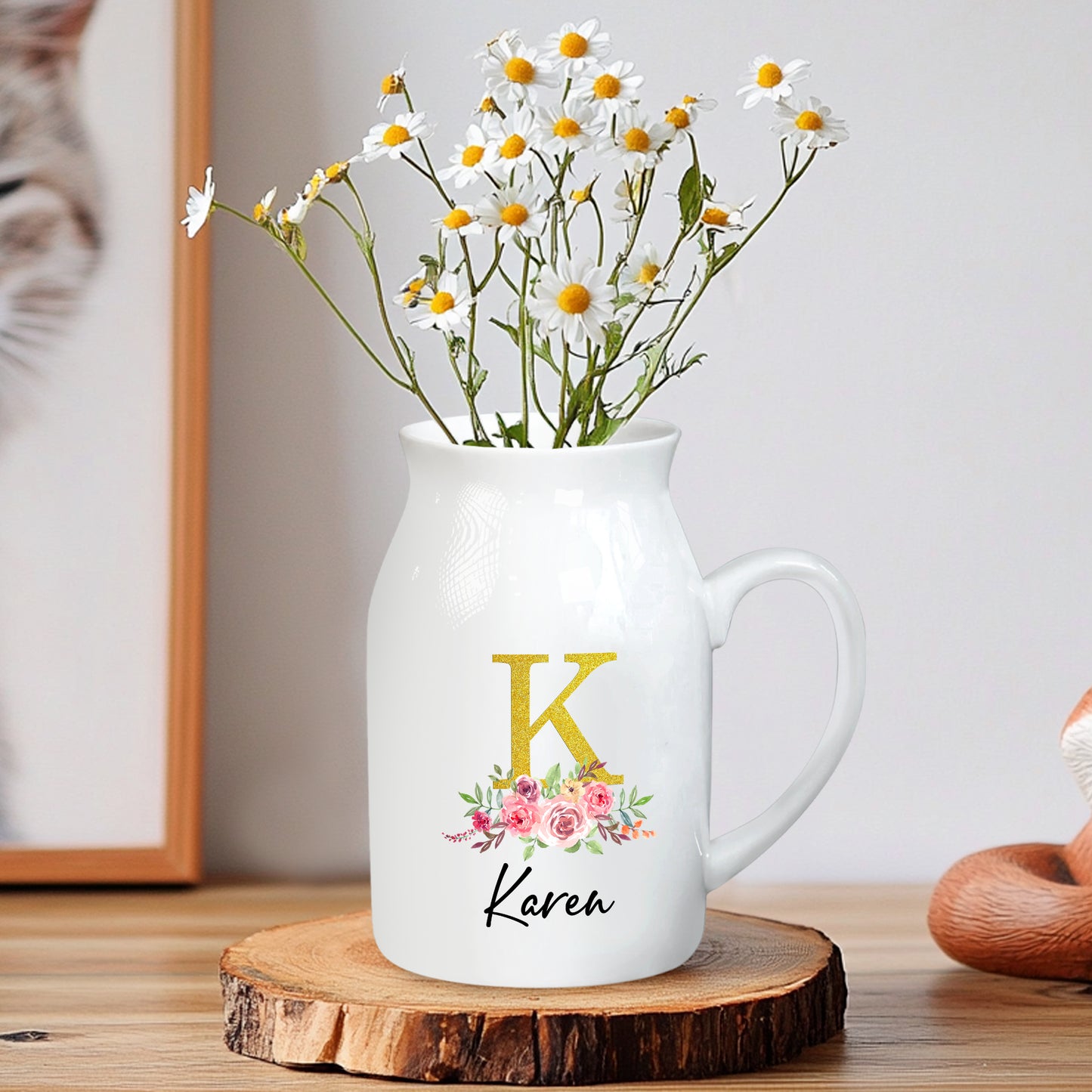 Netecom Custom Initial and Name Ceramic Jug, Modern Floral Vase, Thoughtful Gift for Mother’s Day, Birthday, or Housewarming