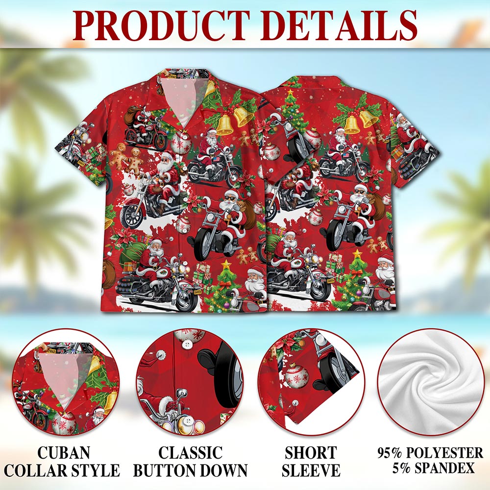 Netecom Santa Claus Riding Motorcycle Christmas Hawaiian Shirt, Funny Holiday Biker Button Down Short Sleeve Shirt, S-5XL