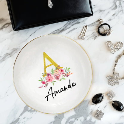 Netecom Personalized Floral Jewelry Tray with Glittery Initials, Custom Name Jewelry Dish for Special Occasions or Gifts