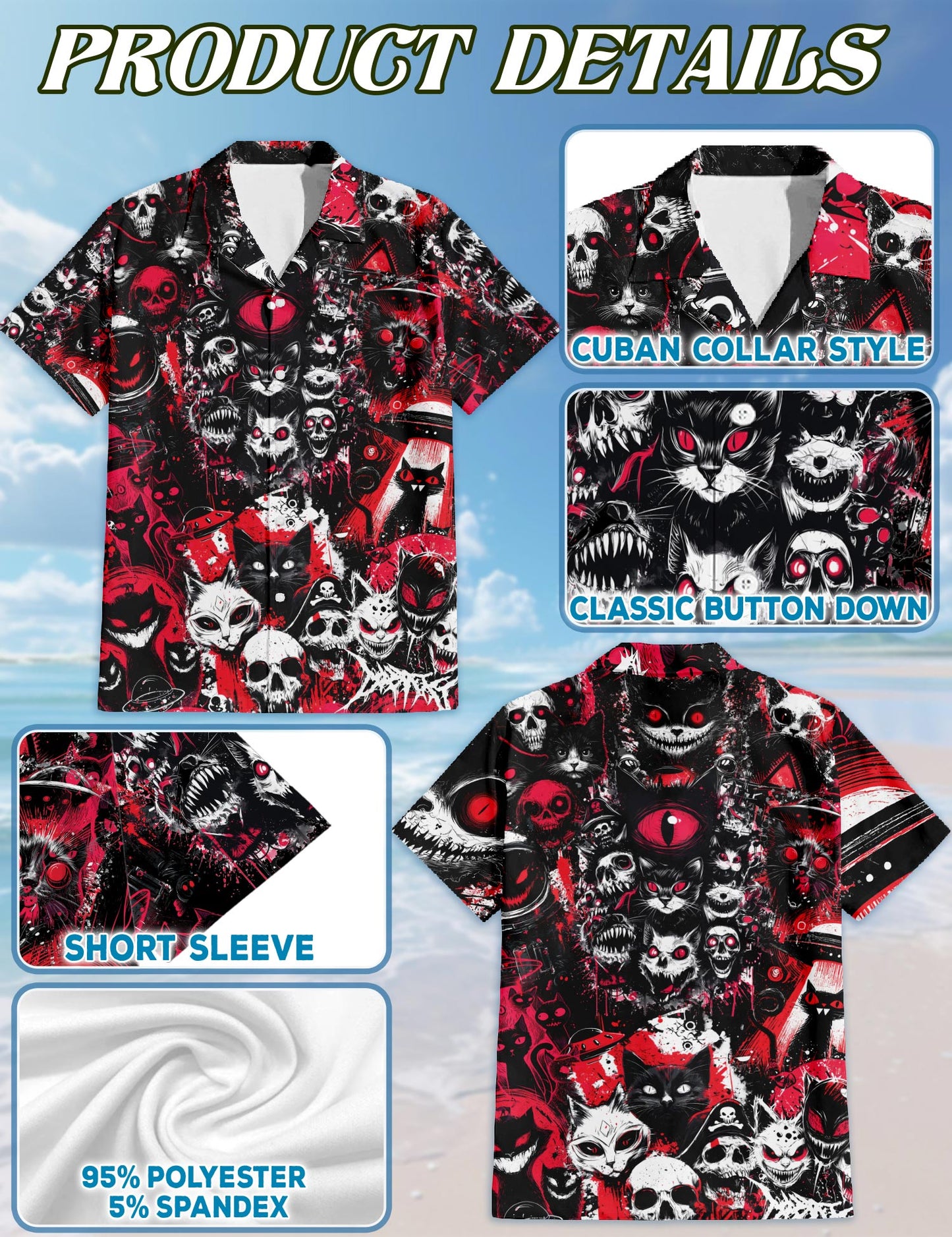 Netecom Black Cat UFO Alien Halloween Hawaiian Shirt for Men, Animal Skull Button Down Summer Beach Shirts, S-5XL