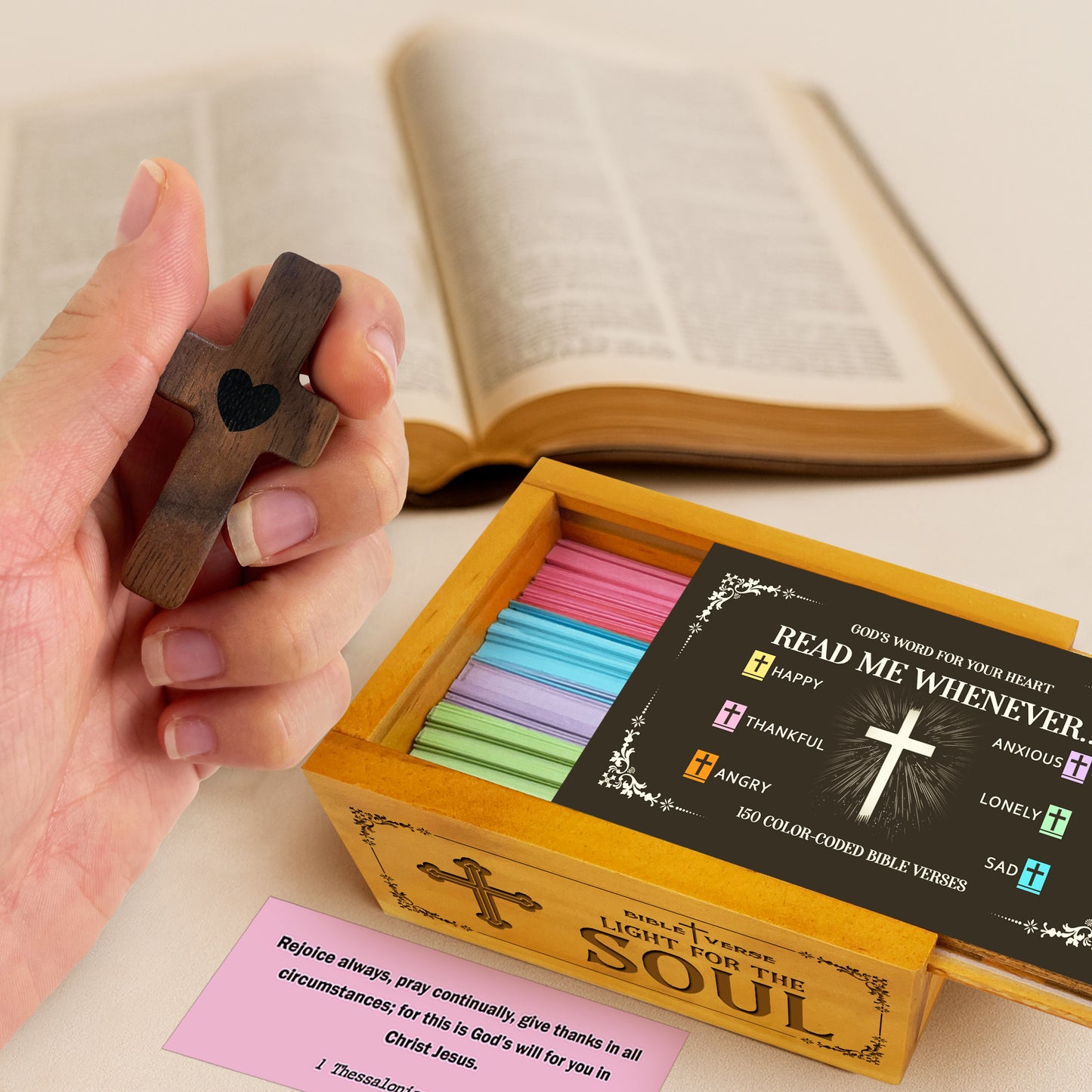 150 Color-Coded Bible Verses Wooden Box with Walnut Cross – Christian Scripture Cards for Encouragement, Prayer, Faith & Inspirational Gifts