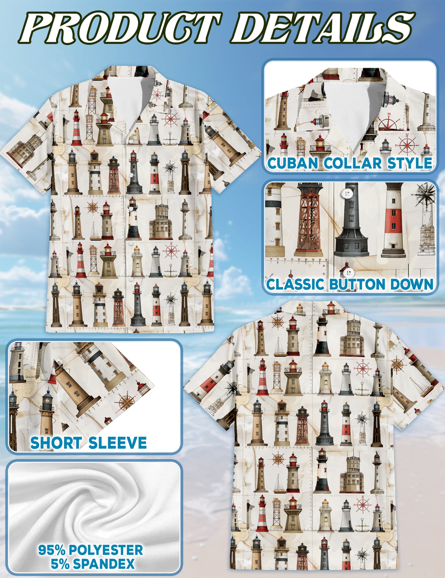 Netecom Lighthouse Pattern Hawaiian Shirt for Men Women, Coastal Beach Aloha Button Down Short Sleeve Summer Shirt