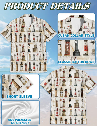 Netecom Lighthouse Pattern Hawaiian Shirt for Men Women, Coastal Beach Aloha Button Down Short Sleeve Summer Shirt