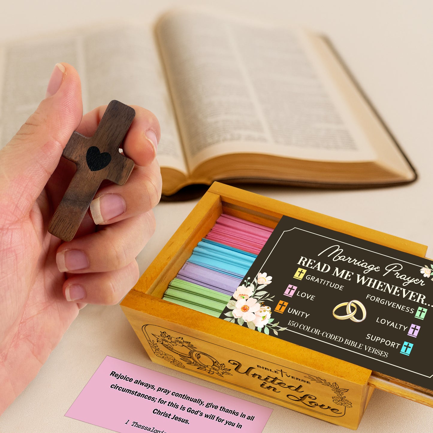 Marriage Prayer Bible Verses Wooden Box with Walnut Cross – 150 Color-Coded Christian Scriptures for Love, Unity, Gratitude, Forgiveness & Support