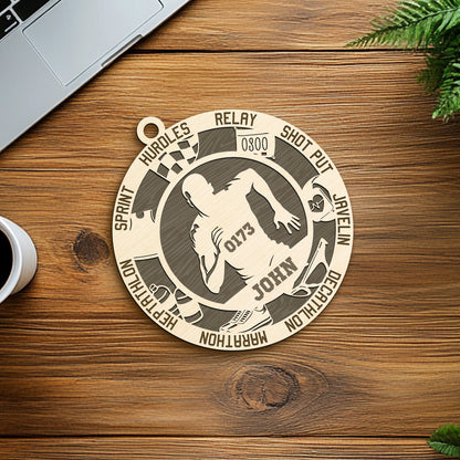 Netecom Track & Field Player Ornament – Personalized Wooden Decoration with Name & Athletic Terms