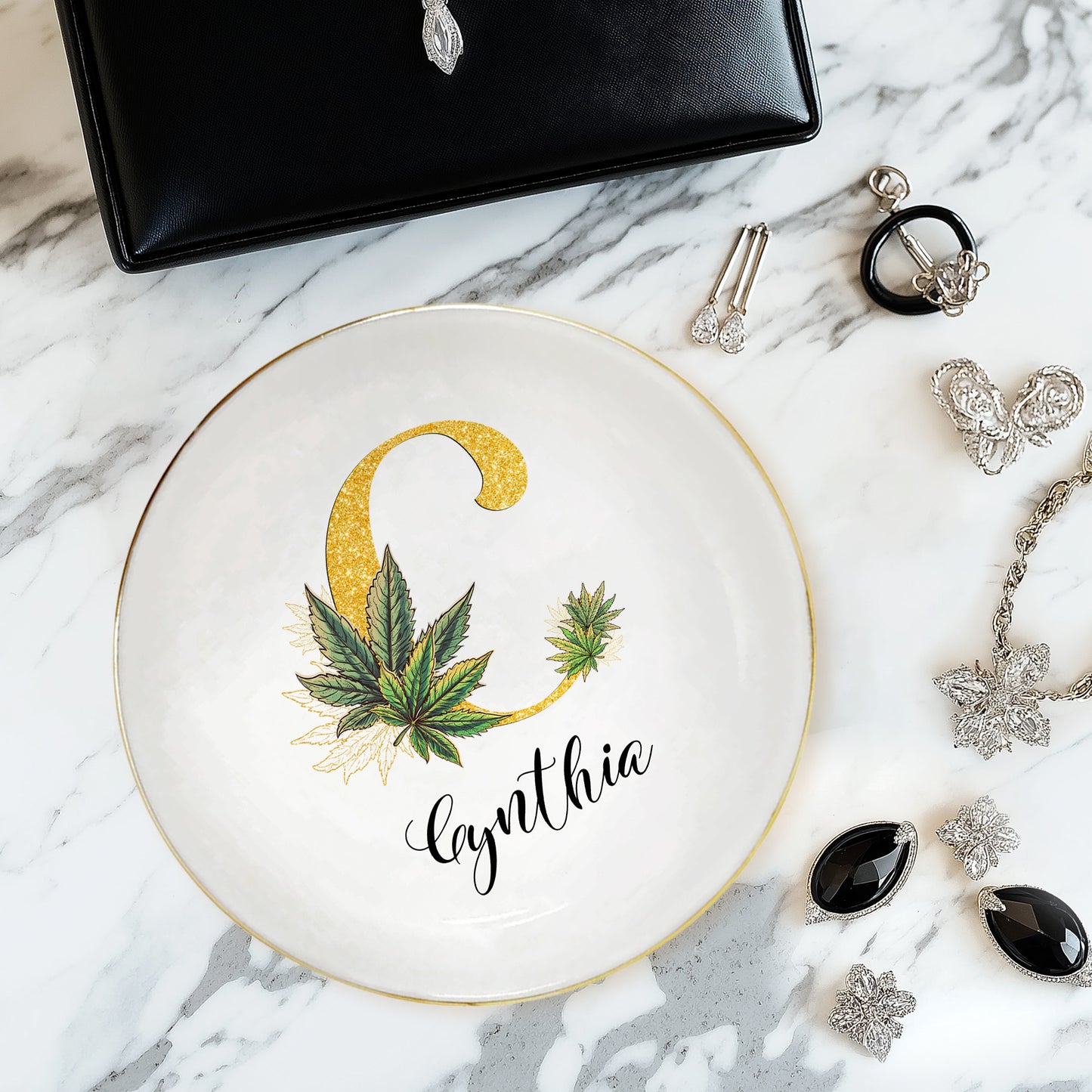 Netecom Personalized Jewelry Tray with Cannabis Leaf Design, Custom Name Jewelry Tray for Organizing and Gifting