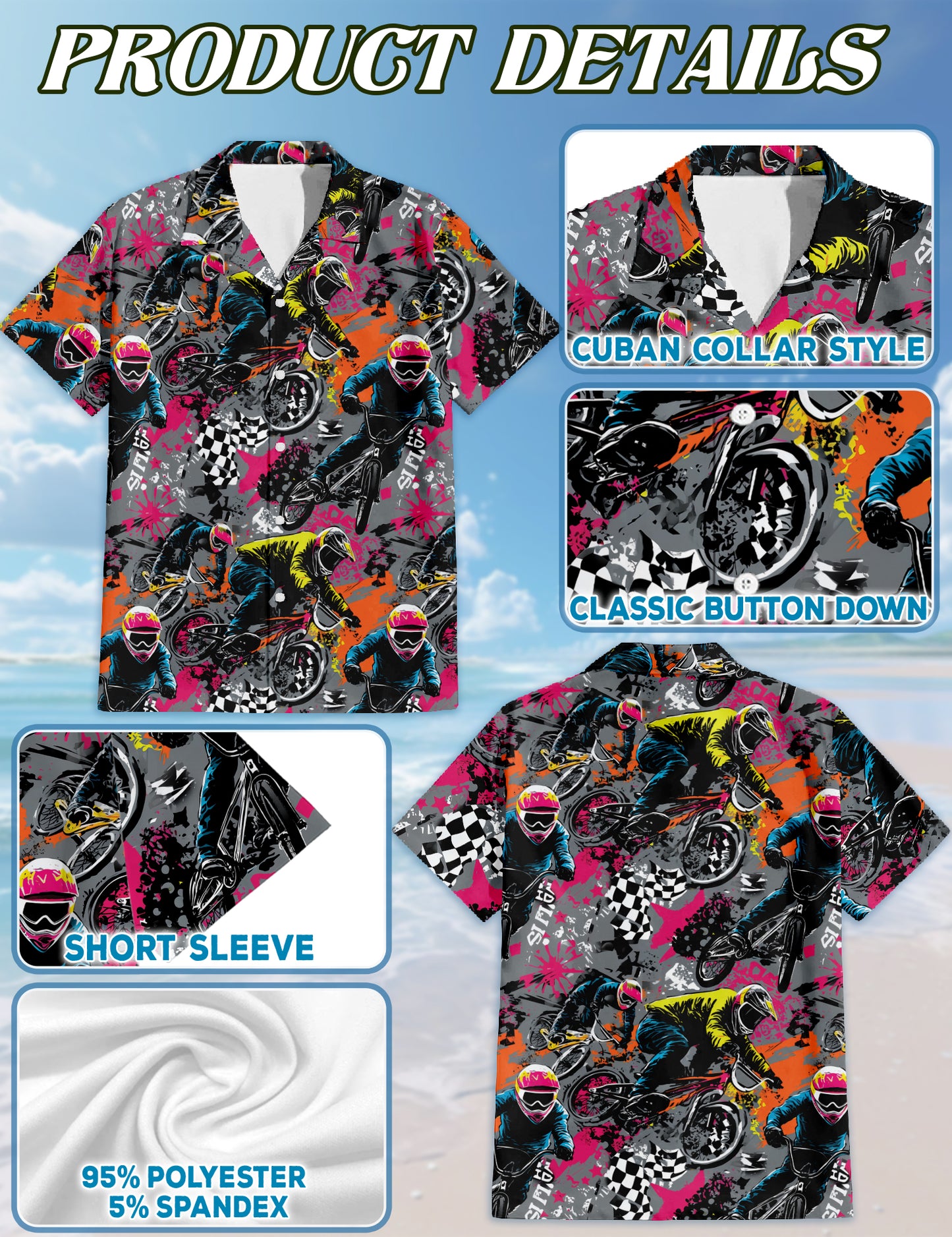 Netecom Freestyle BMX Hawaiian Shirt for Men, Colorful Pop Art Bicycle Rider Graphic Button Down Shirt