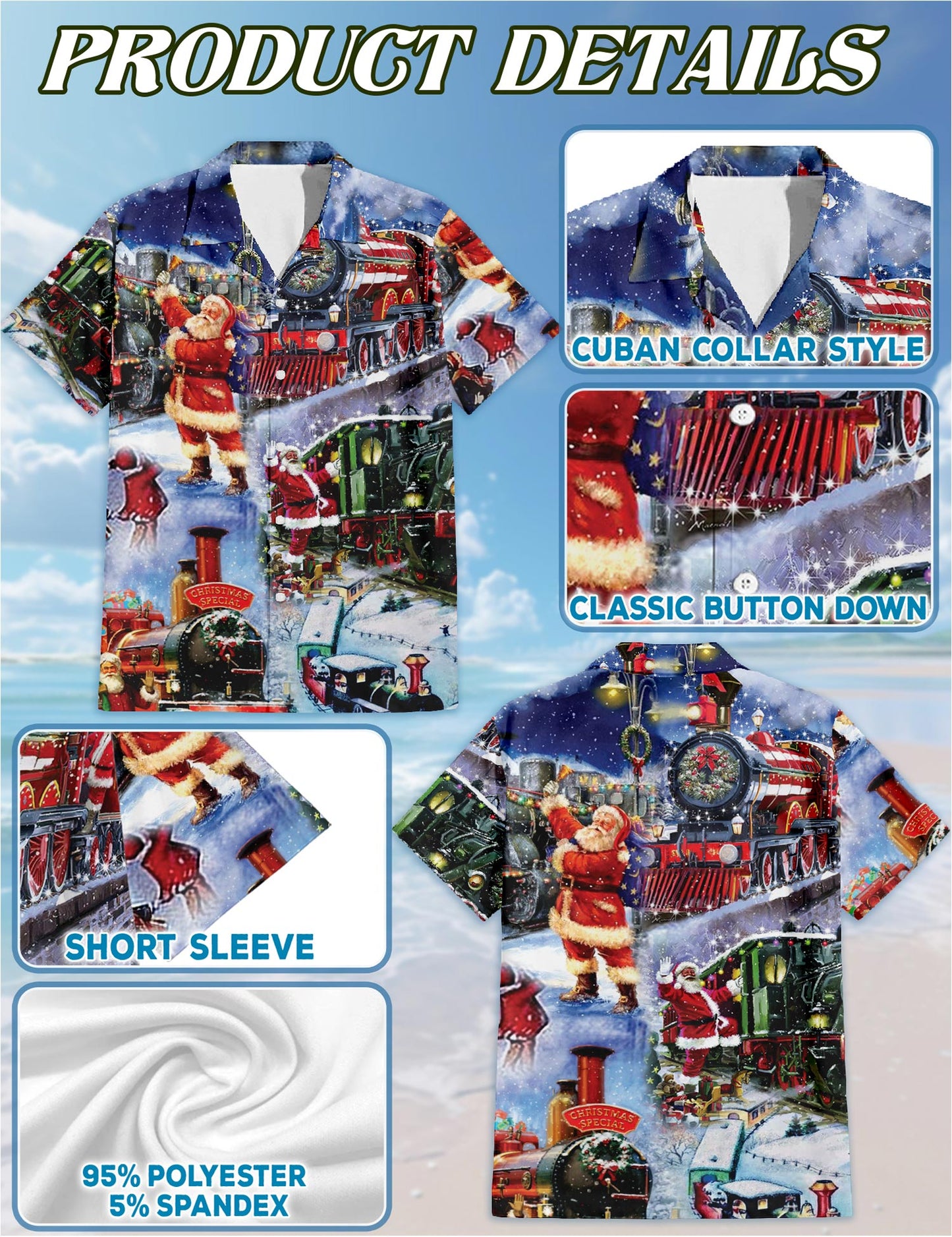 Netecom Santa Claus Christmas Train Hawaiian Shirt, Holiday Locomotive Night Ride Short Sleeve Button Down Shirt, S-5XL