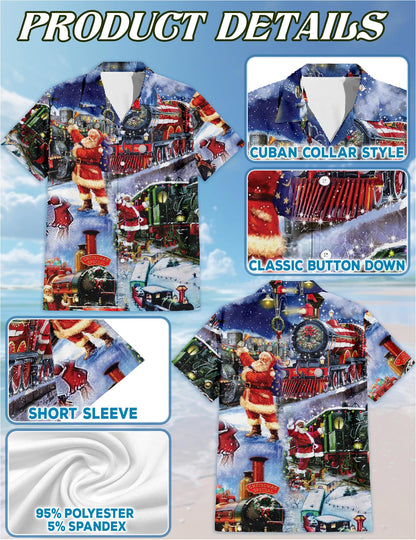 Netecom Santa Claus Christmas Train Hawaiian Shirt, Holiday Locomotive Night Ride Short Sleeve Button Down Shirt, S-5XL