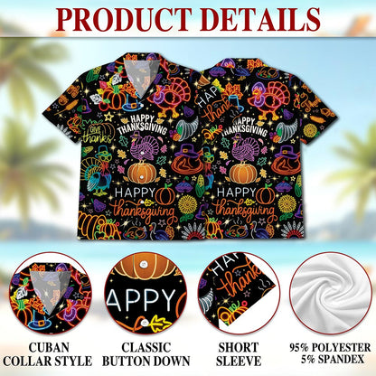 Netecom Neon Thanksgiving Hawaiian for Men Women, Happy Turkey Day Button Down Summer Beach Short Sleeve Shirts, S-5XL