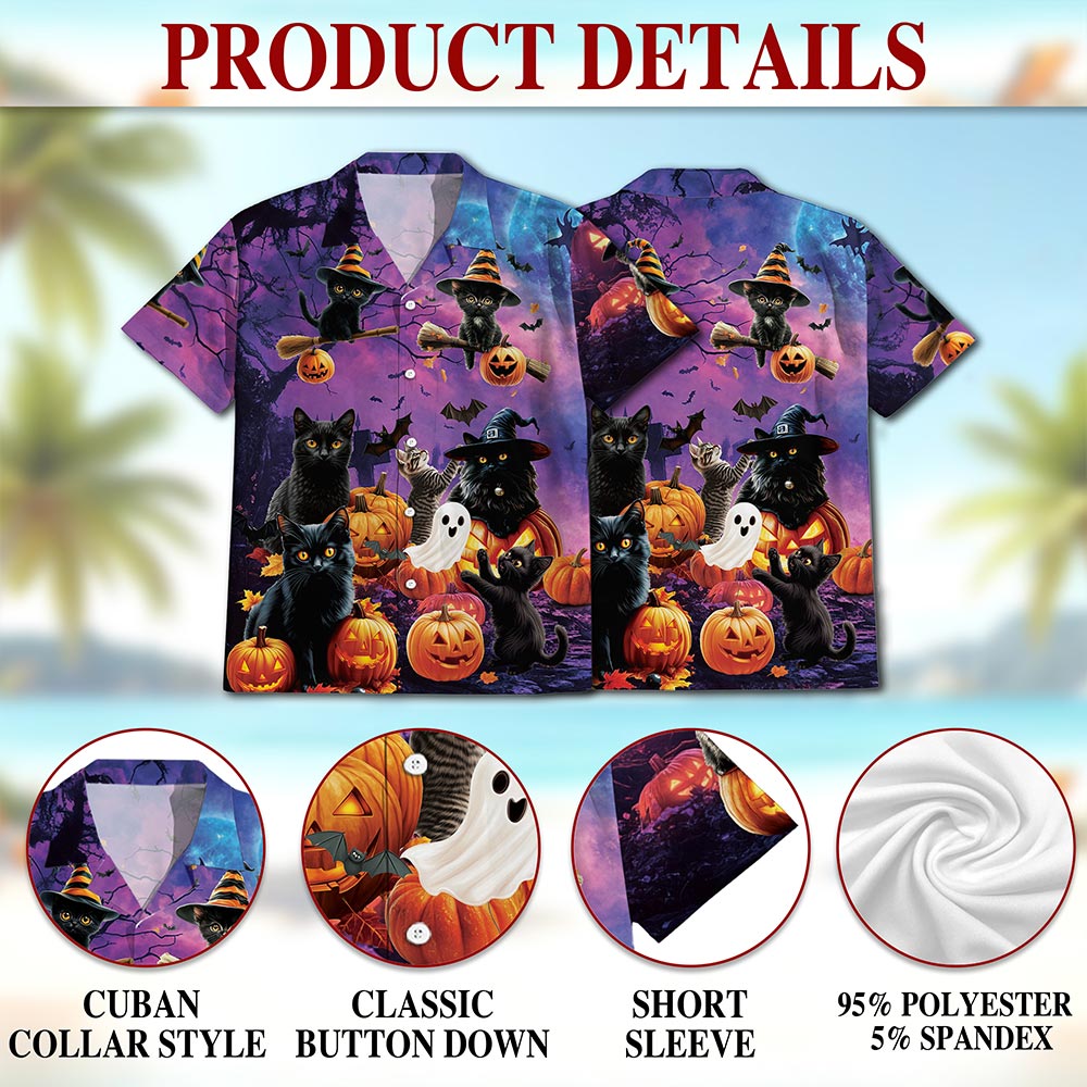 Netecom Black Cat Pumpkin Hawaiian Shirt for Men, Halloween Present, Animal Ghost Button Down Summer Short Shirts, S-5XL