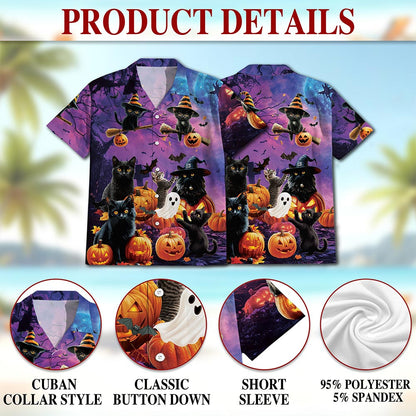 Netecom Black Cat Pumpkin Hawaiian Shirt for Men, Halloween Present, Animal Ghost Button Down Summer Short Shirts, S-5XL