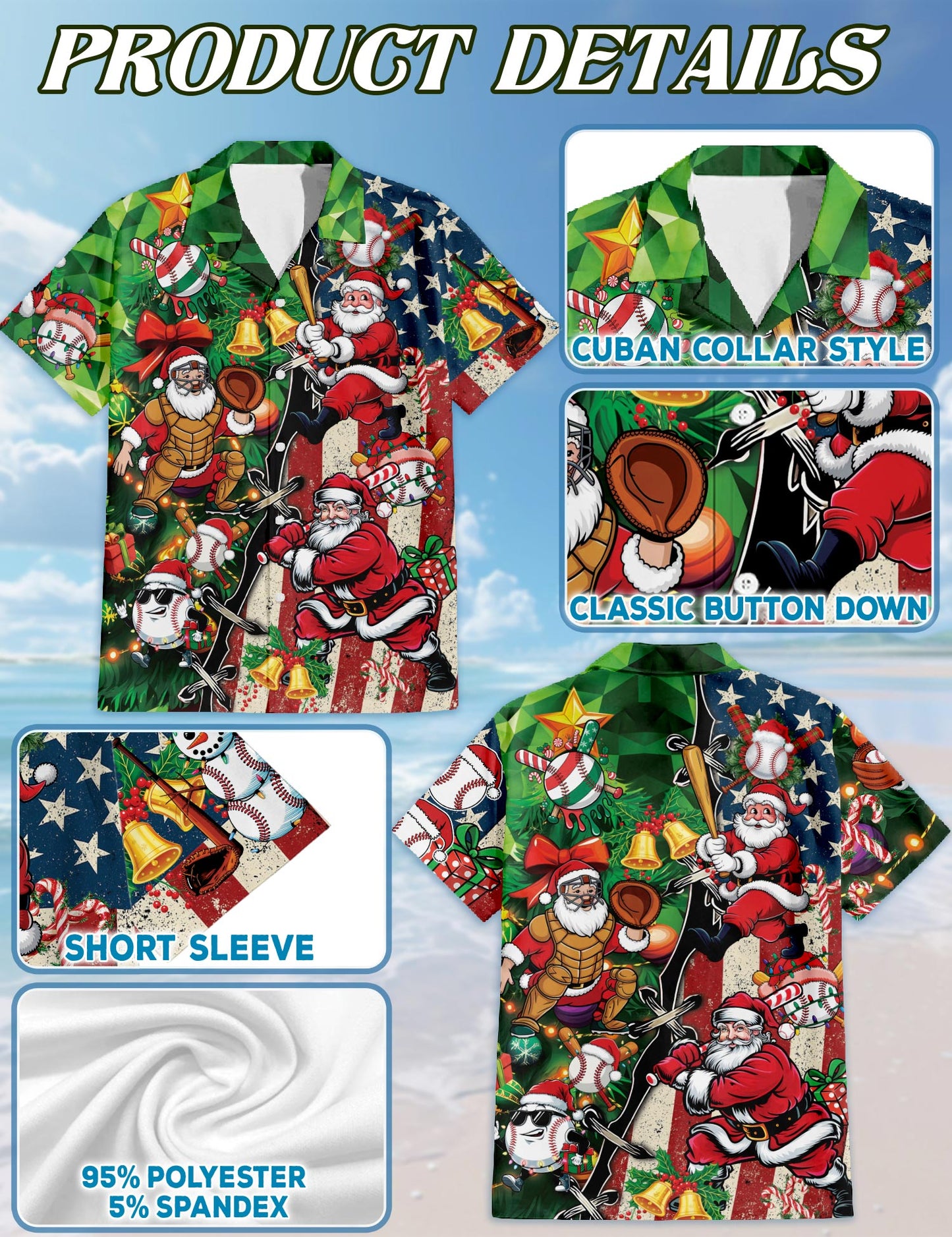 Netecom Baseball Santa USA Flag Christmas Hawaiian Shirt for Men, Funny Holiday Sport Button Down Summer Beach Shirt, S-5XL