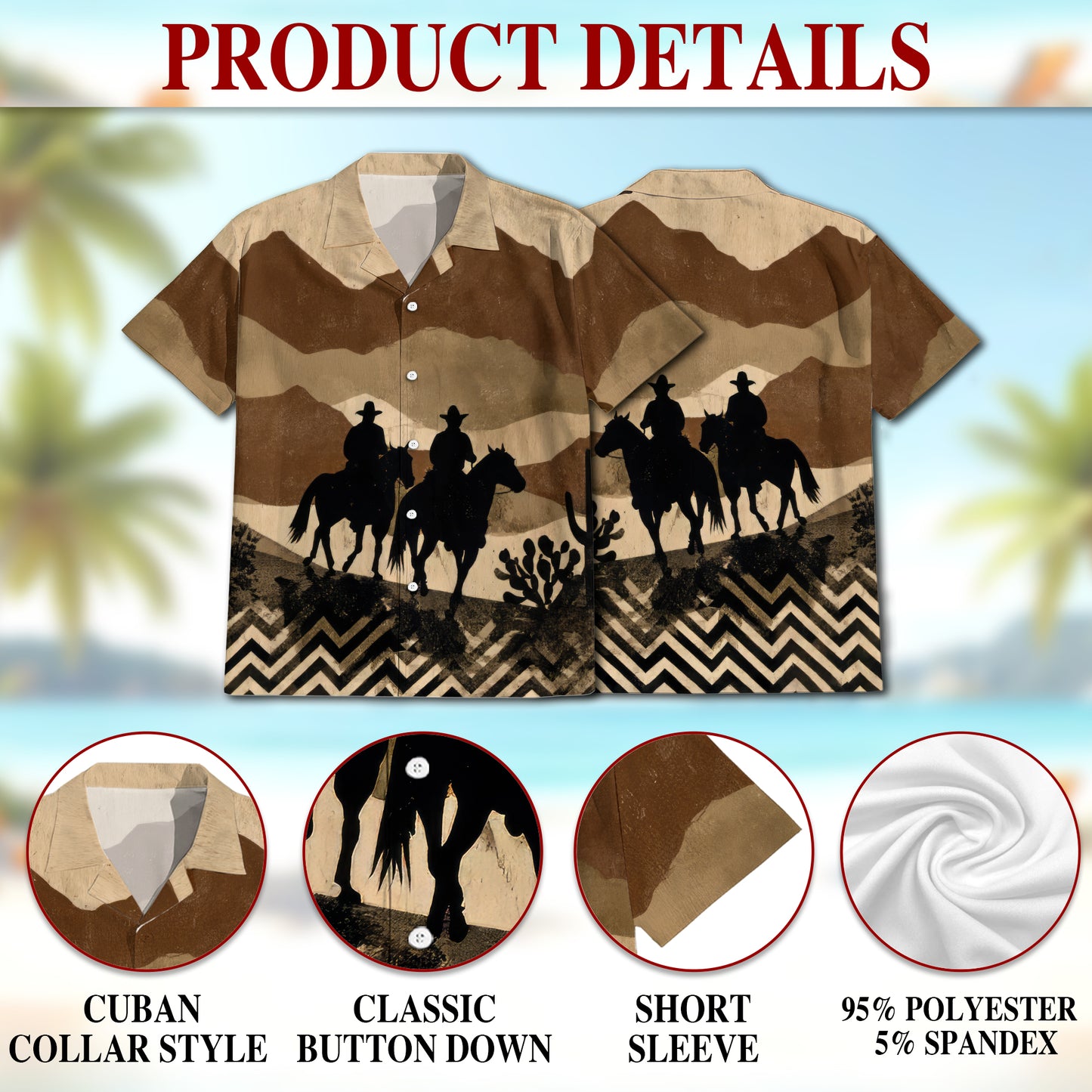 Netecom Cowboys on Horseback Hawaiian Shirt for Men, Western Desert Rider Button Down Summer Beach Short Sleeve Shirt
