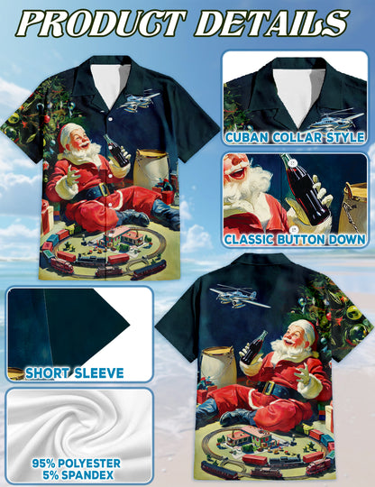 Netecom Vintage Santa Claus Christmas Train Hawaiian Shirt for Men, Retro Santa Xmas Button Down Short Sleeve Shirt