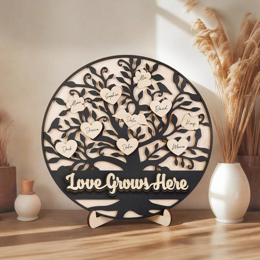 Netecom Personalized Wooden Family Tree Sign with Changeable Name Tags – Love Grows Here, Grandkids Display – Custom Family Name Plaque Gift for Grandma, Mom, Mother’s Day Home Decor