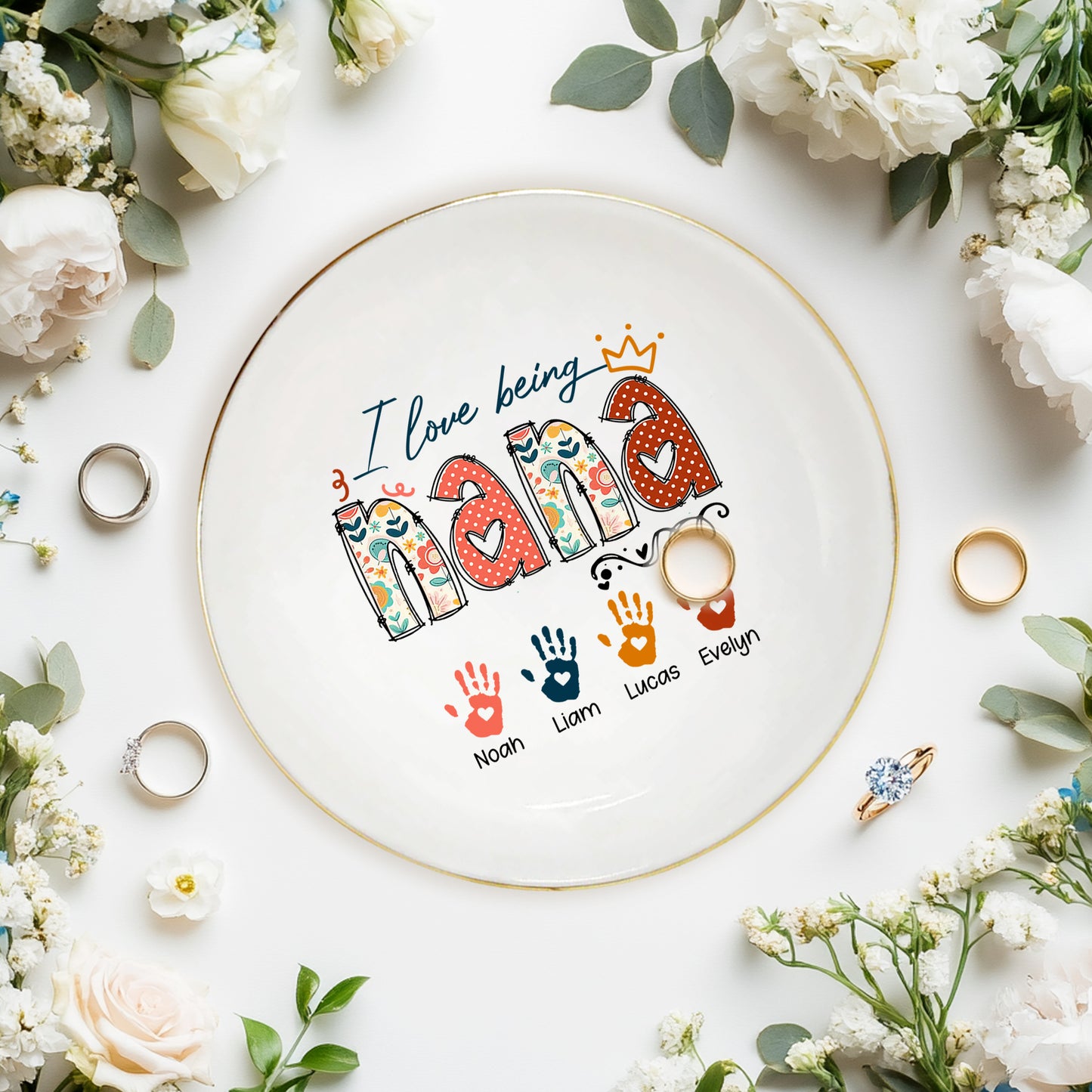 Netecom Personalized I Love Being NANA Jewelry Tray, Custom Handprints & Grandkids Names Ceramic Ring Dish , Mother's Day & Christmas Gift