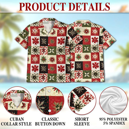 Netecom Christmas Quilt Pattern Hawaiian Shirt for Men, Patchwork Style Button Down Summer Beach Shirts, S-5XL